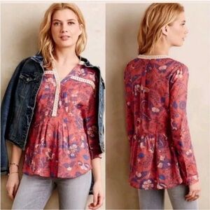 Maeve Anthropologie Abella Pintuck Blouse. Boho Paisley Crocheted. Sz 2